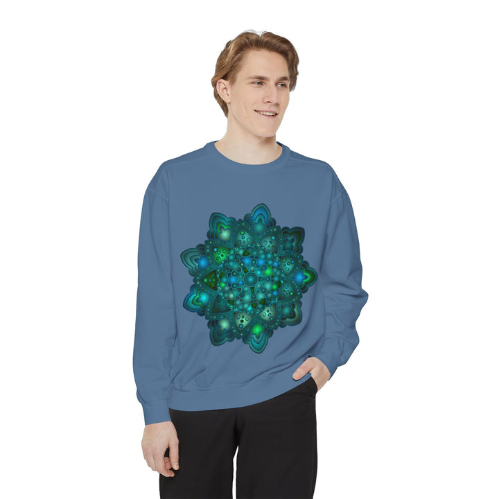 Beautiful blue and green mandala design sweatshirt, perfect for adding a pop of color to your wardrobe