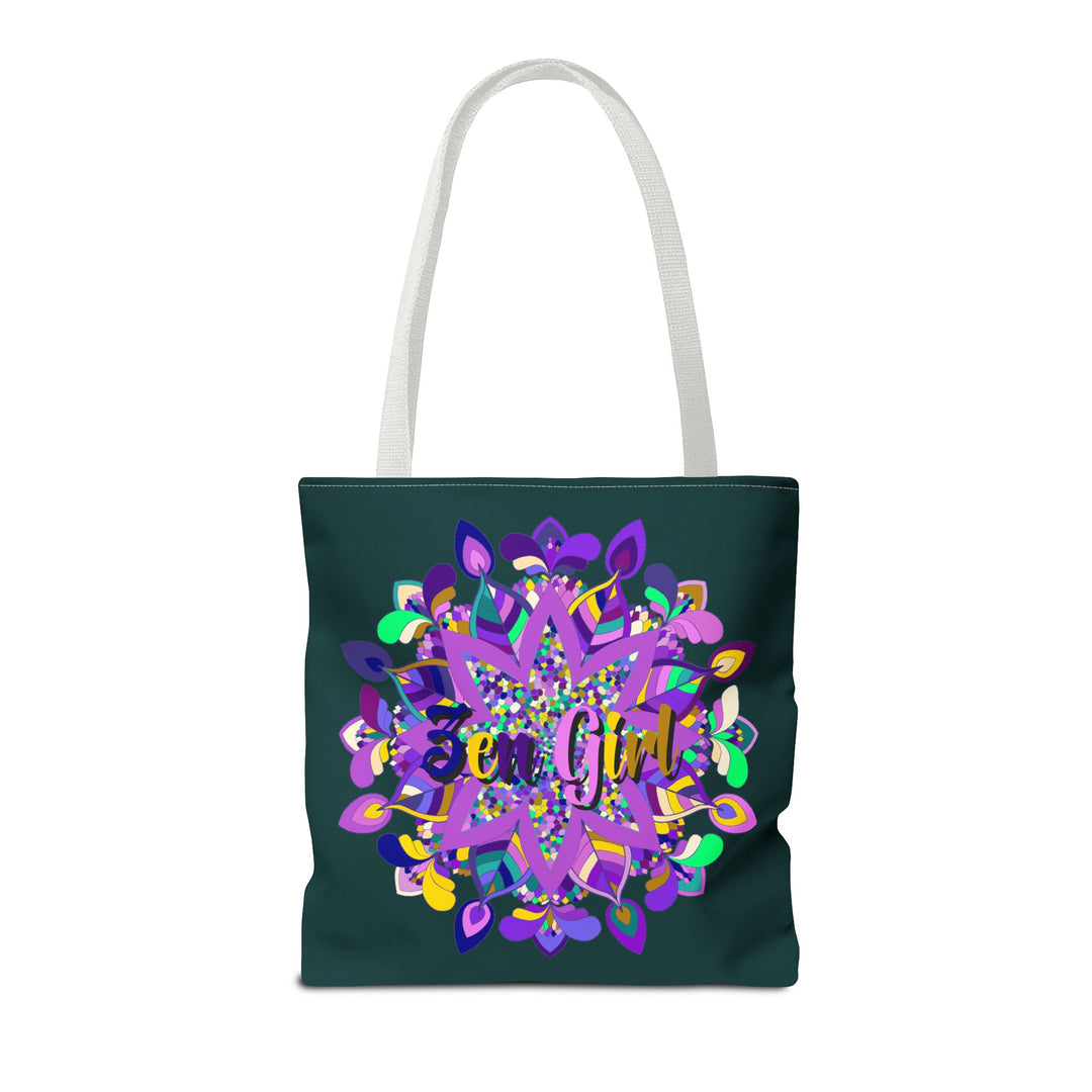 Vibrant dark green mandala tote bag with a zen girl design by Blululi, perfect for adding a pop of color and style to any outfit