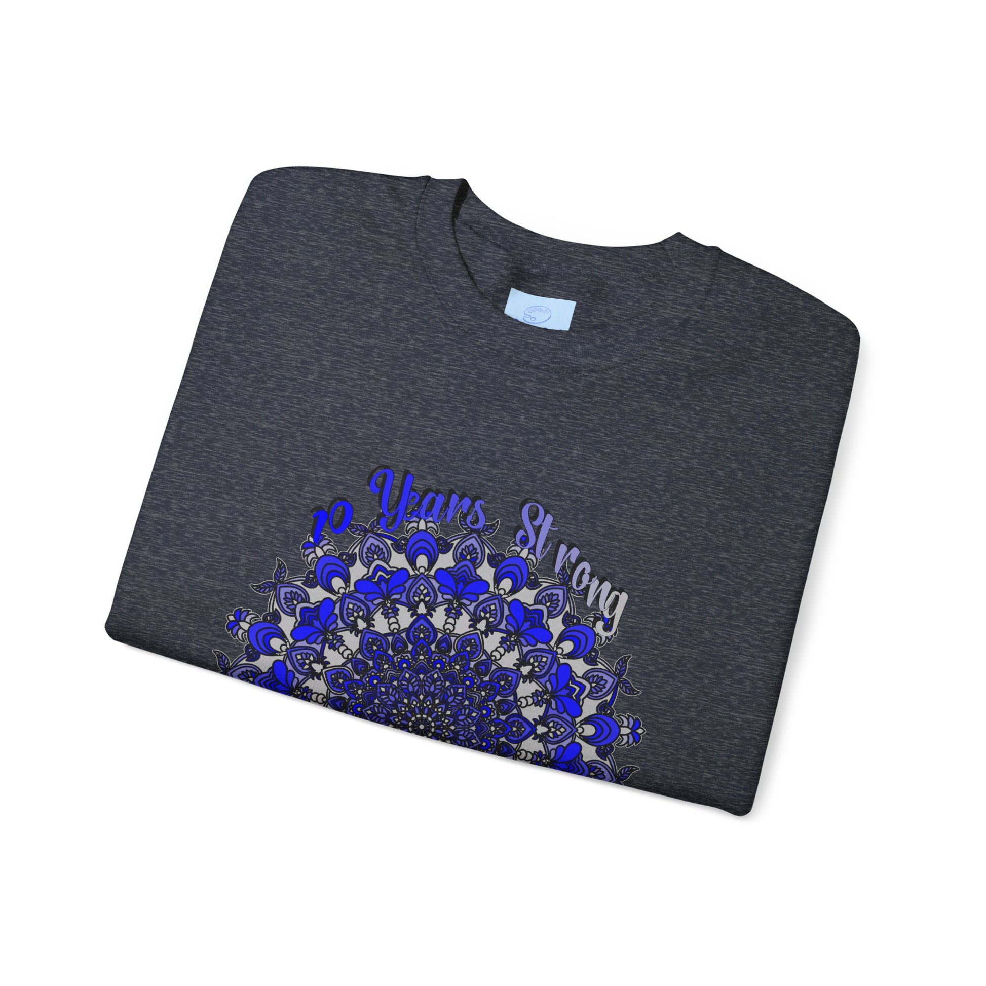 Heather Grey unisex sweatshirt featuring 10th Anniversary and 10 Years Strong in bold black