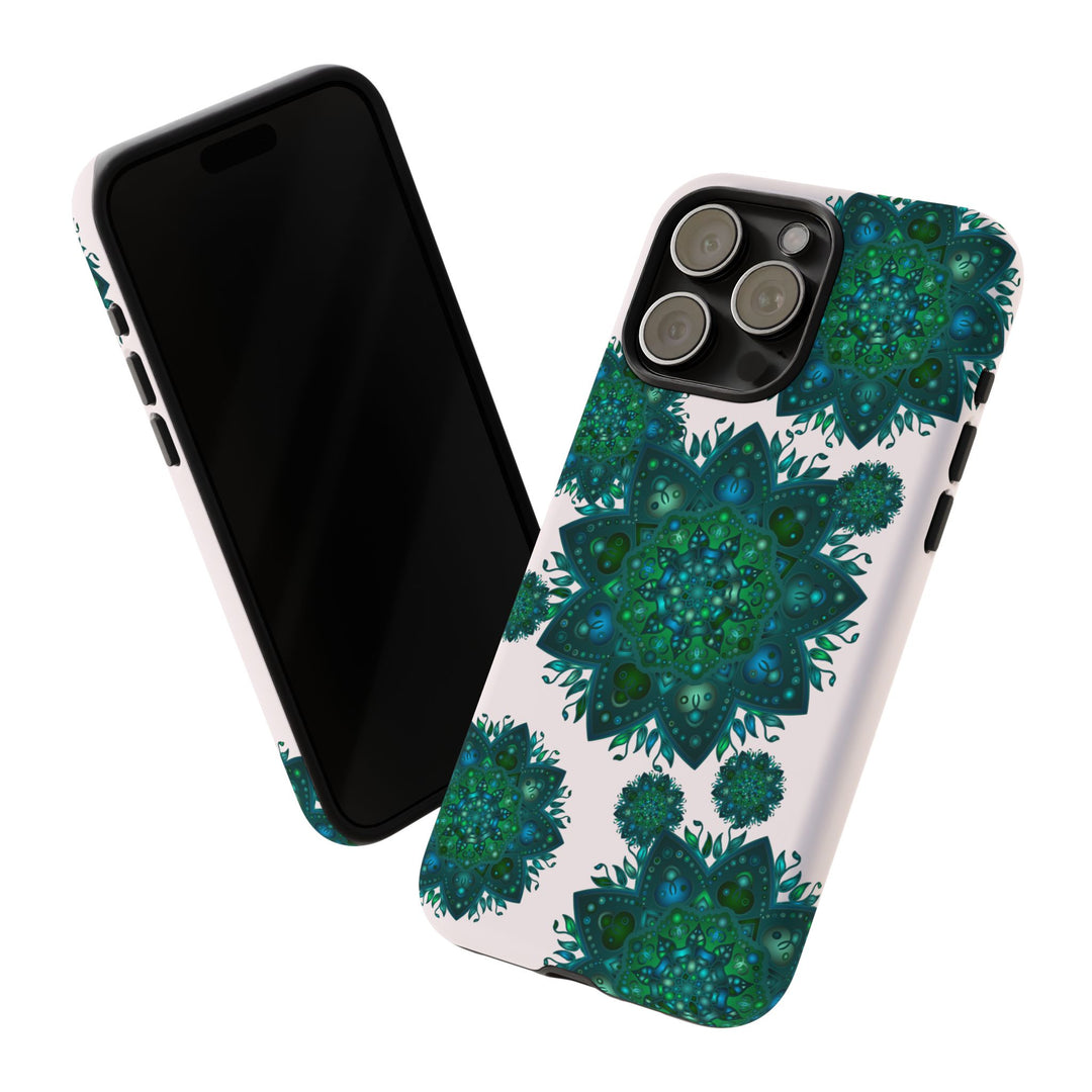 A beautiful light pink and green Mandala phone case with a peaceful and intricate design