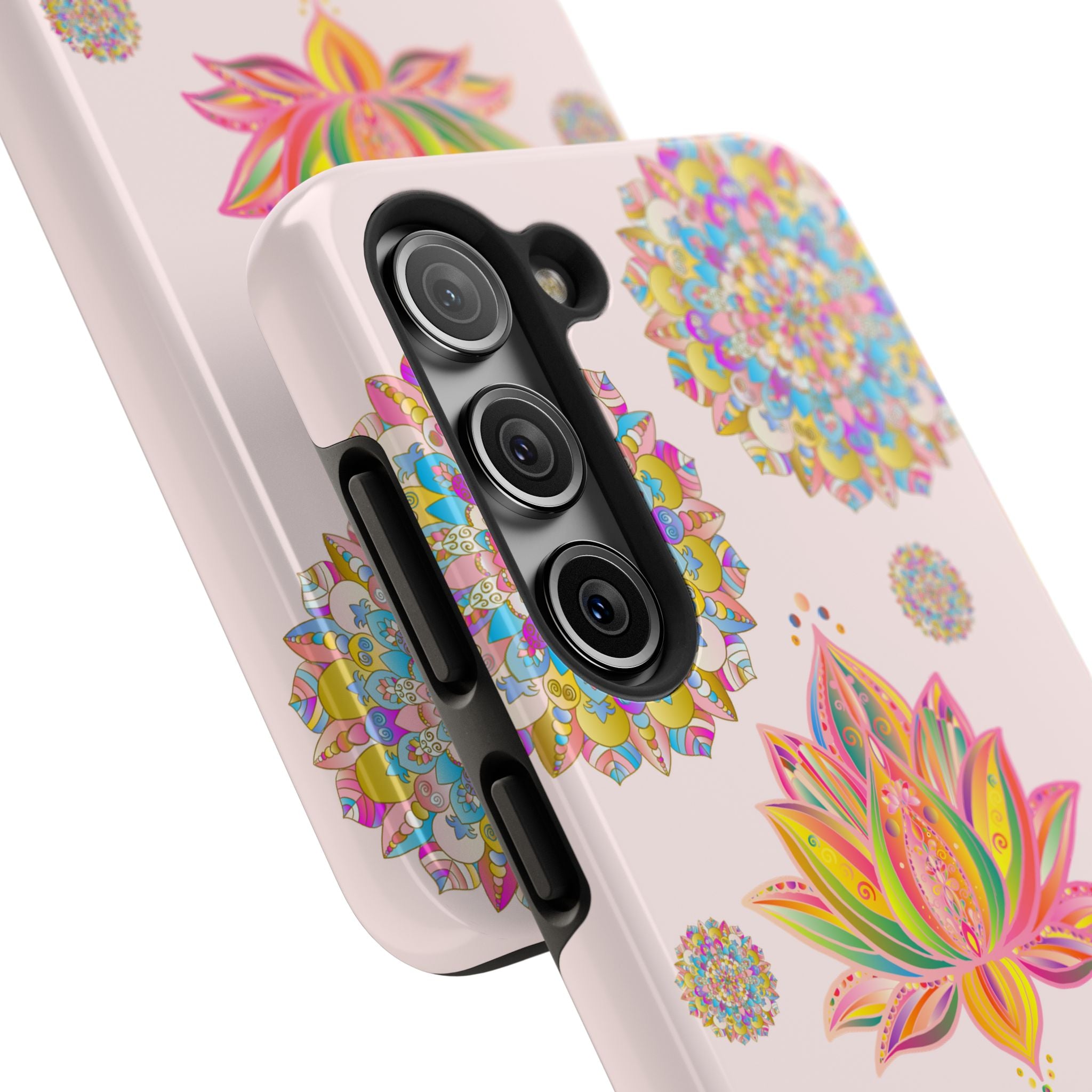 Beautiful light pink phone case with intricate lotus flower mandala design