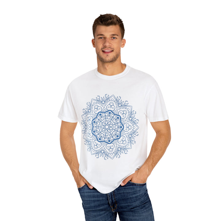 Colorful handcrafted mandala artwork on a comfortable unisex garment-dyed t-shirt