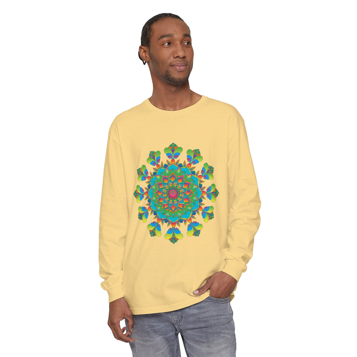 Colorful long sleeve tie dye shirt featuring a mesmerizing psychedelic mandala design