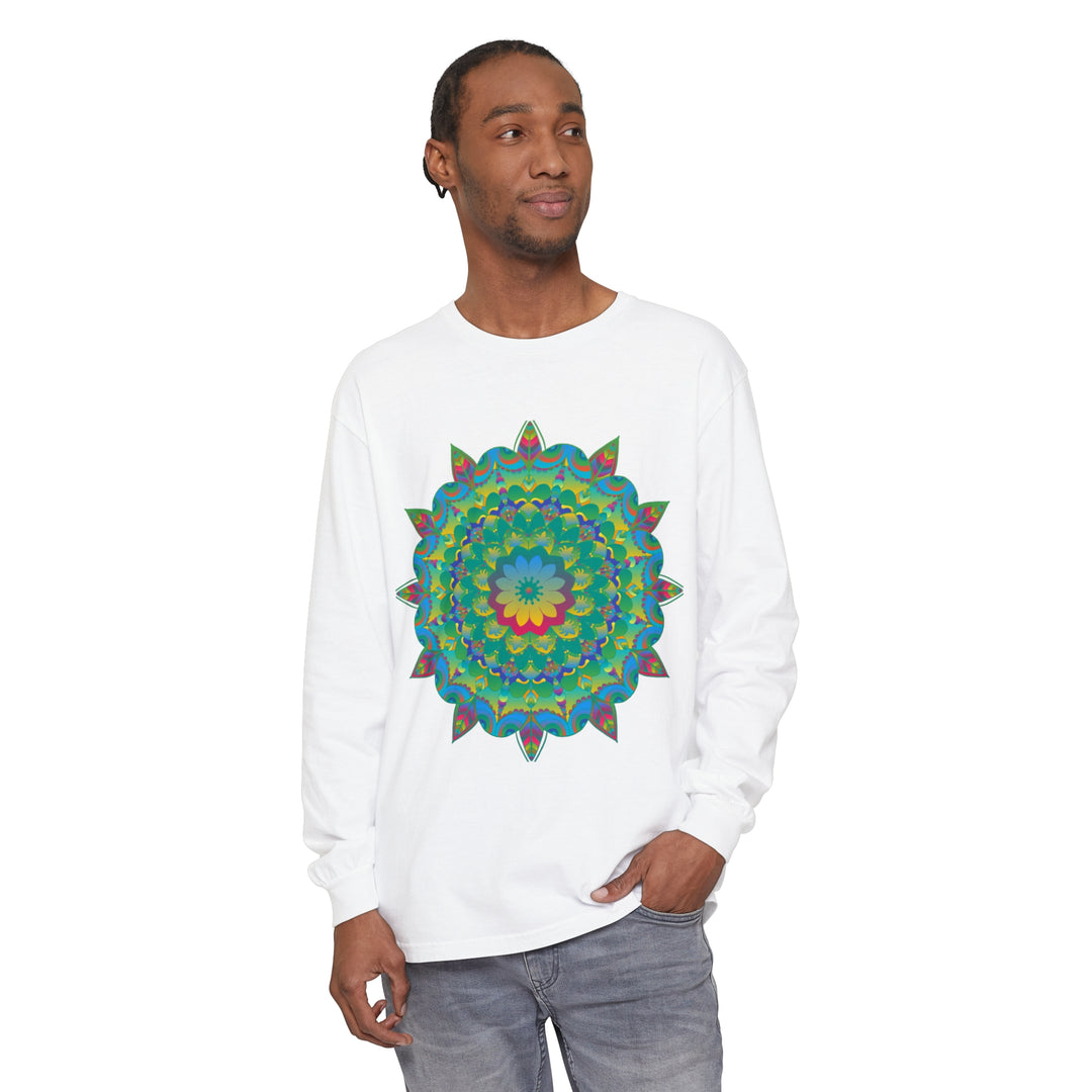 Colorful and vibrant mandala design long sleeve t-shirt for a psychedelic look