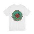 A vibrant and intricate mandala design tee promoting spiritual peace and harmony