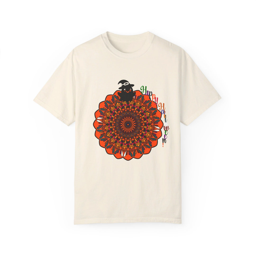 Unisex garment-dyed tee featuring handmade pumpkin mandala art for Halloween