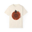 Unisex garment-dyed tee featuring handmade pumpkin mandala art for Halloween