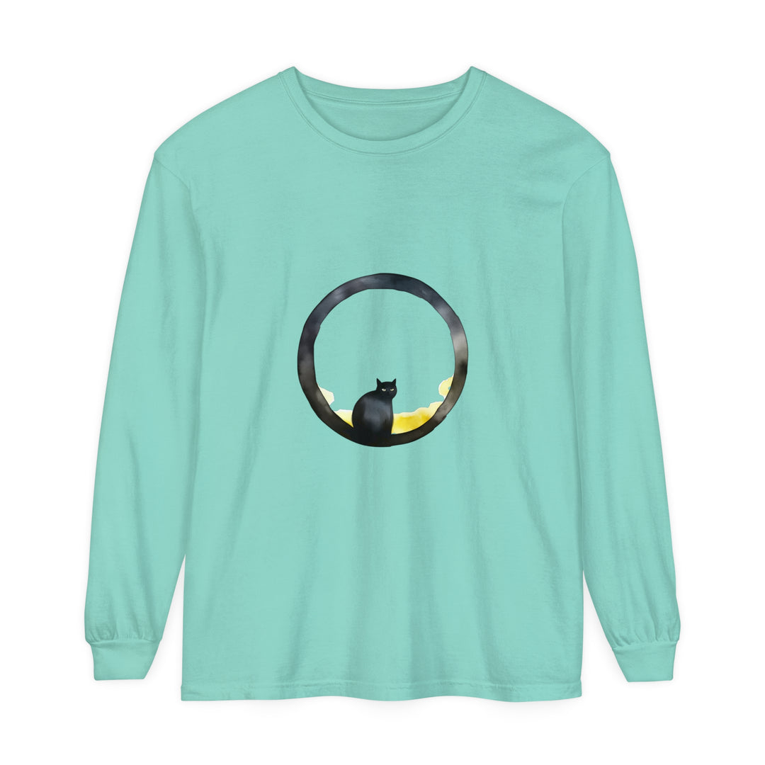 Black Cat Moon Glow Long Sleeve T-Shirt featuring a black cat silhouette against a glowing moon on a comfortable long sleeve top