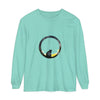 Black Cat Moon Glow Long Sleeve T-Shirt featuring a black cat silhouette against a glowing moon on a comfortable long sleeve top