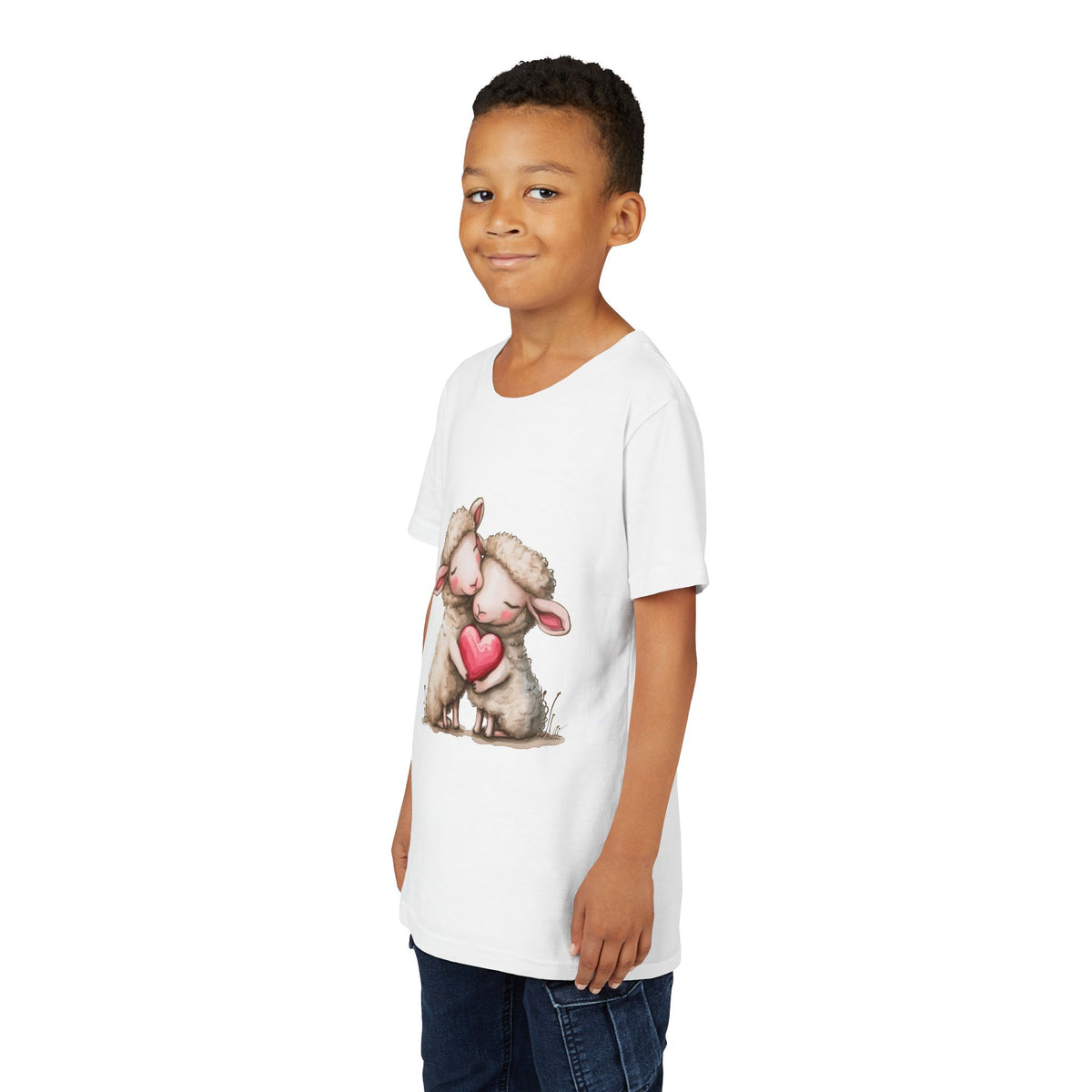 Jugend-T-Shirt – Cartoon-Schafe, die ein Herz umarmen, süßes und schönes Design 