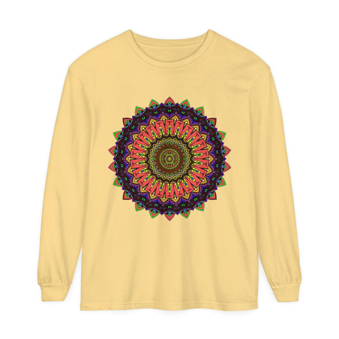 Colorful long sleeve t-shirt featuring intricate mandala design in vibrant hues