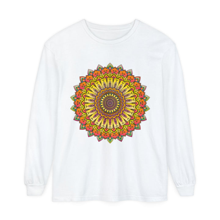 Intricate Mandala Unisex Long Sleeve T-Shirt in Black and White with Floral Design