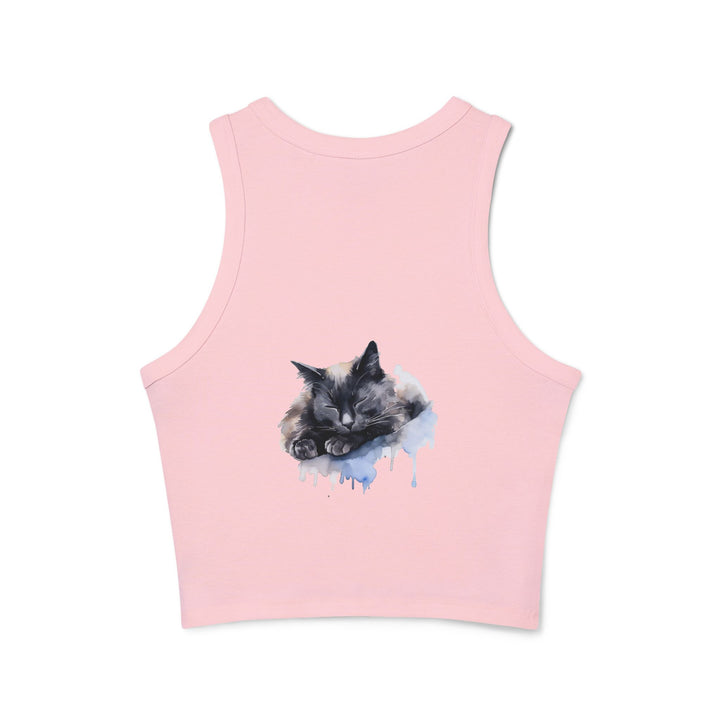 A close-up image of a black racerback tank top with a cute and cozy illustration of a sleeping cat on the front