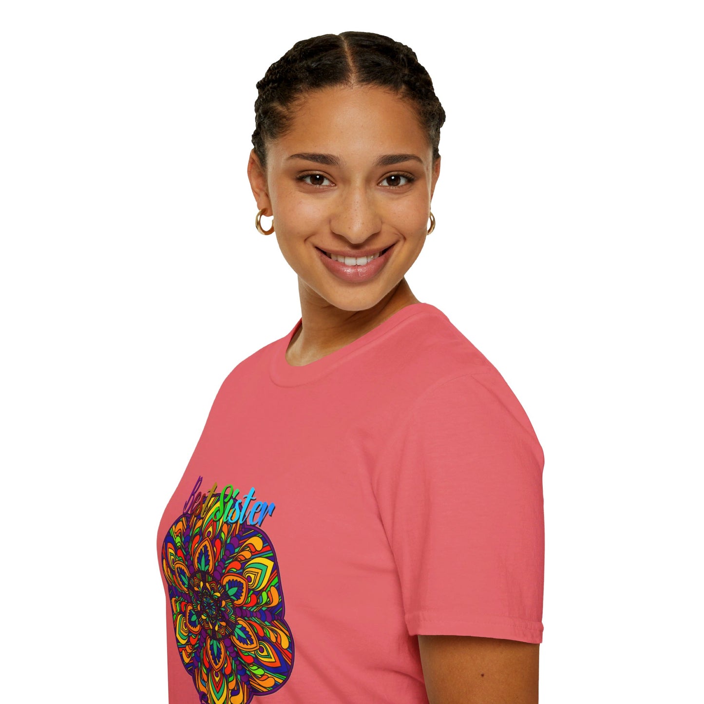 Softstyle t-shirt with hand-drawn mandala art, perfect gift for sister