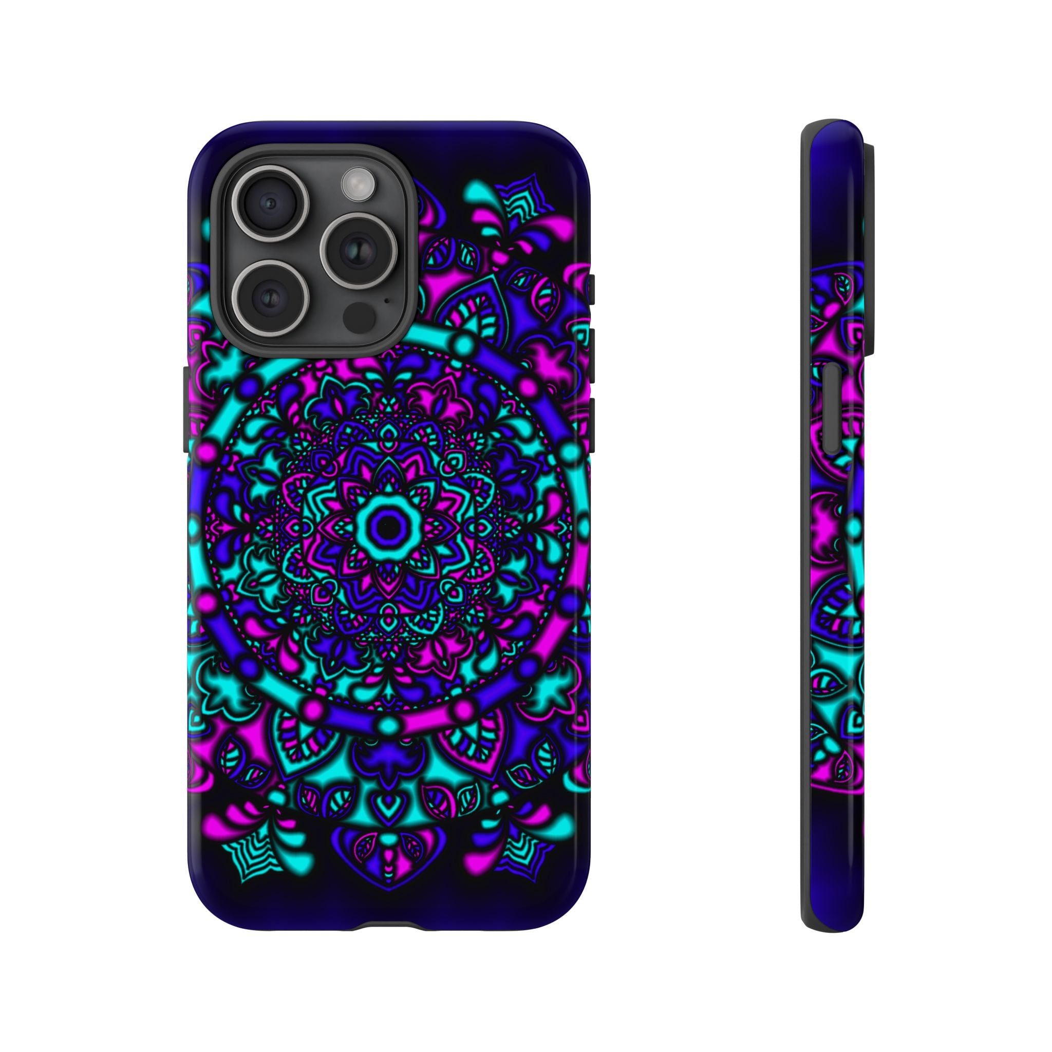 Mandala Neon Phone Case — Purple & Teal Protective Tough Case