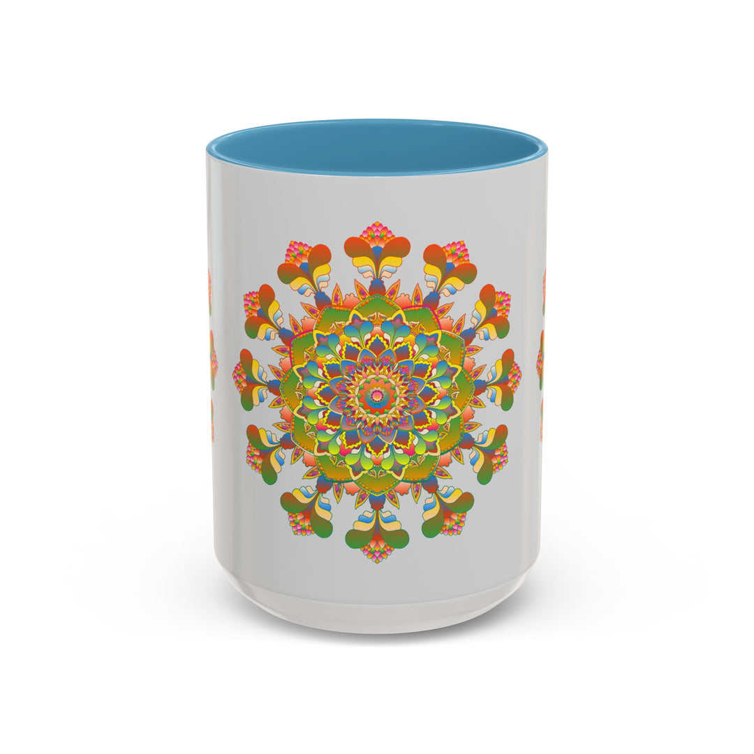 A close-up image of a colorful and intricate mandala art mug with unique patterns and vibrant colors