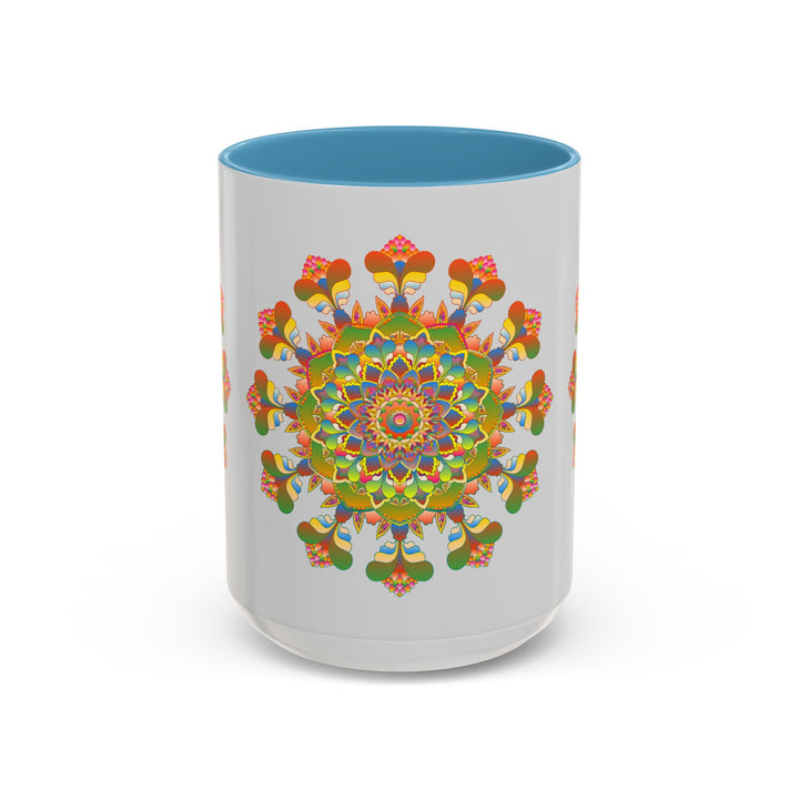 A close-up image of a colorful and intricate mandala art mug with unique patterns and vibrant colors