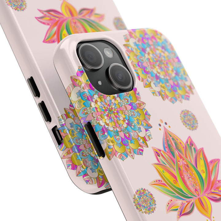 Beautiful light pink phone case featuring a detailed lotus flower mandala design