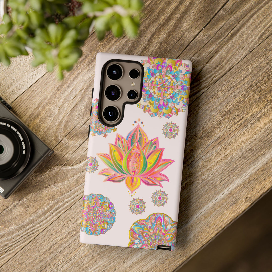 An elegant light pink phone case with a beautiful lotus flower mandala design