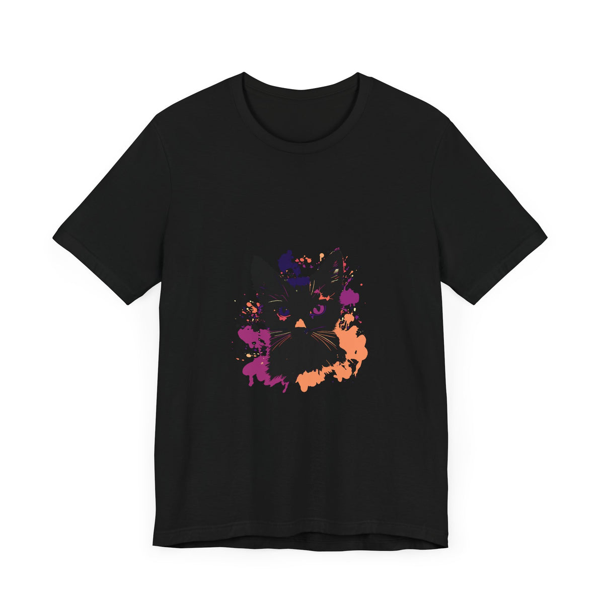 A stylish black cat mystery t-shirt with purple eyes design