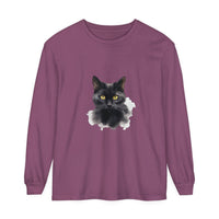 Black Cat Portrait Unisex Long Sleeve T-Shirt, featuring a detailed illustration of a sleek black cat against a dark background