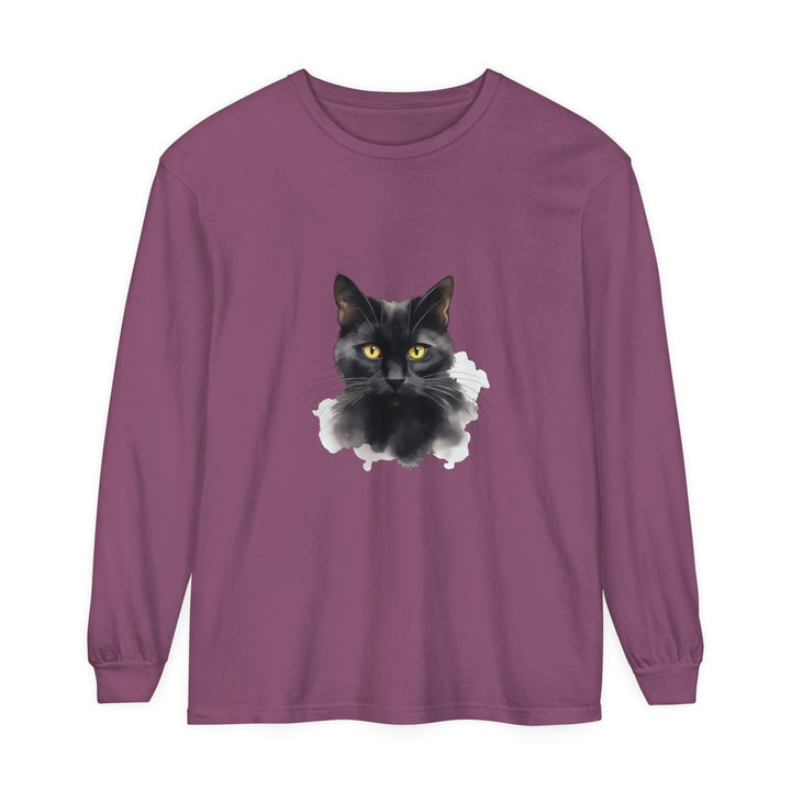 Black Cat Portrait Unisex Long Sleeve T-Shirt, featuring a detailed illustration of a sleek black cat against a dark background