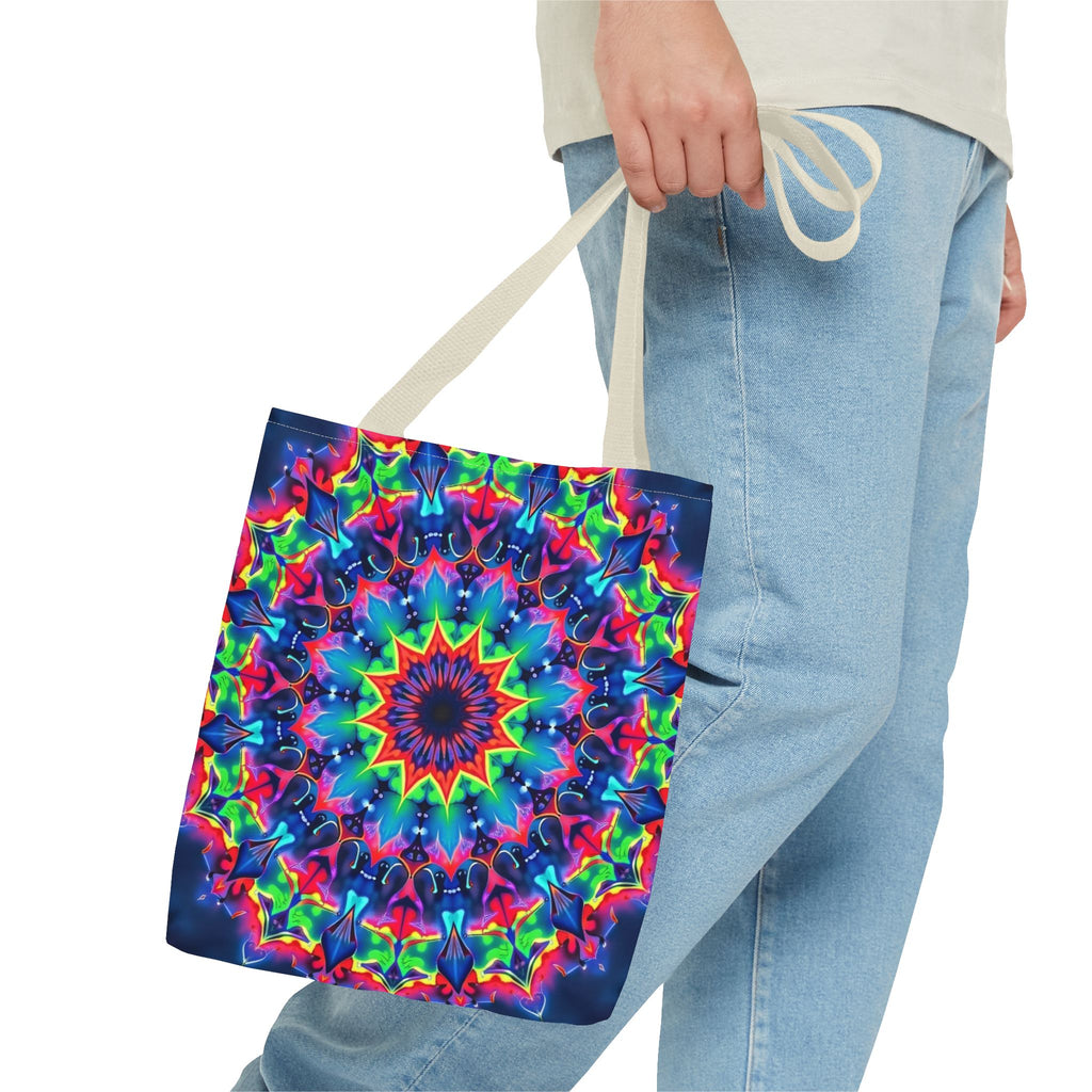 Colorful psychedelic mandala tote bag with intricate patterns and designs