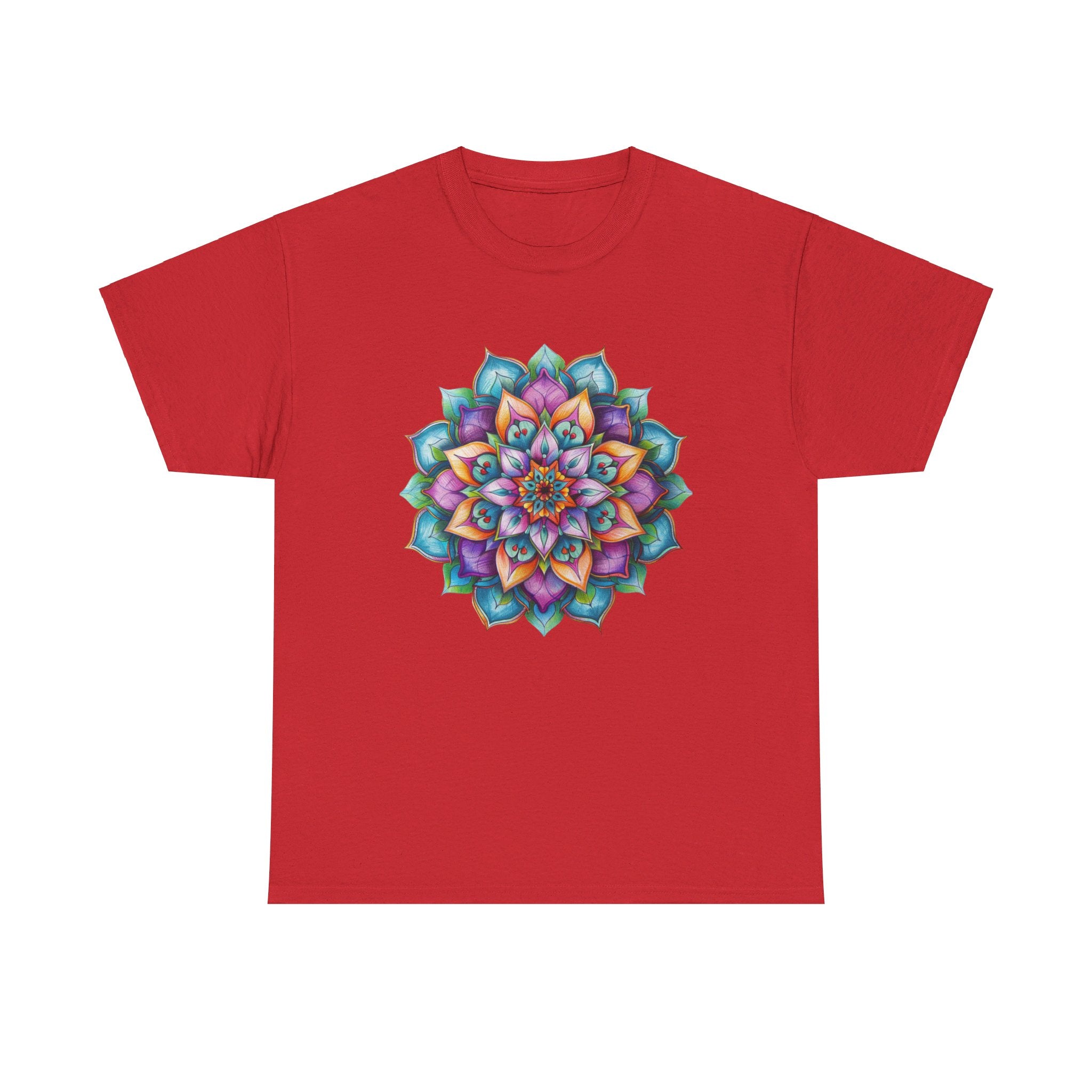 Front view of Mandala Art Yoga Mindfulness - Unisex Heavy Cotton Tee with unique mandala art design