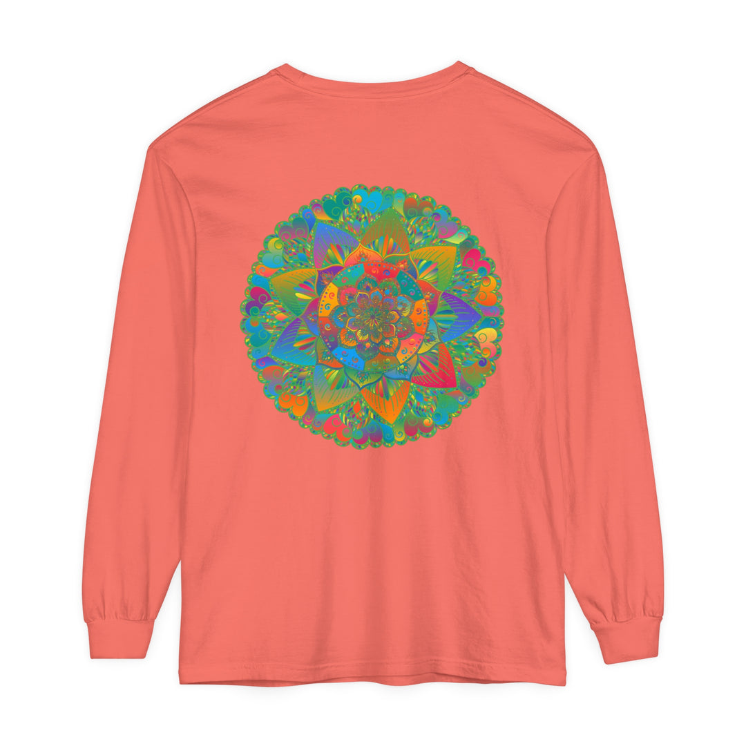 Colorful and intricate mandala design on a unisex long sleeve t-shirt