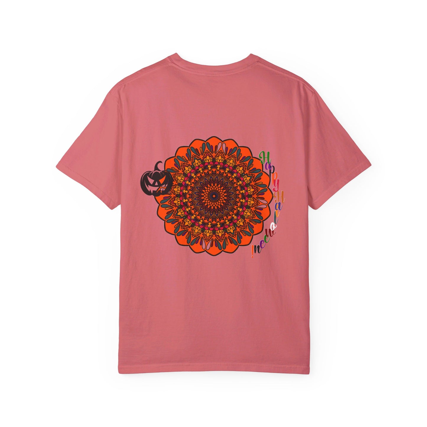 Handmade Pumpkin Mandala T-shirt - Unisex Tee with intricate hand-drawn mandala design and vibrant pumpkin colors