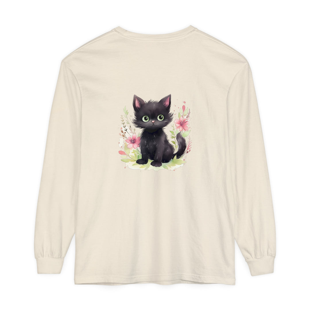 Youthful and trendy t-shirt with a playful kitten and vibrant floral watercolor design