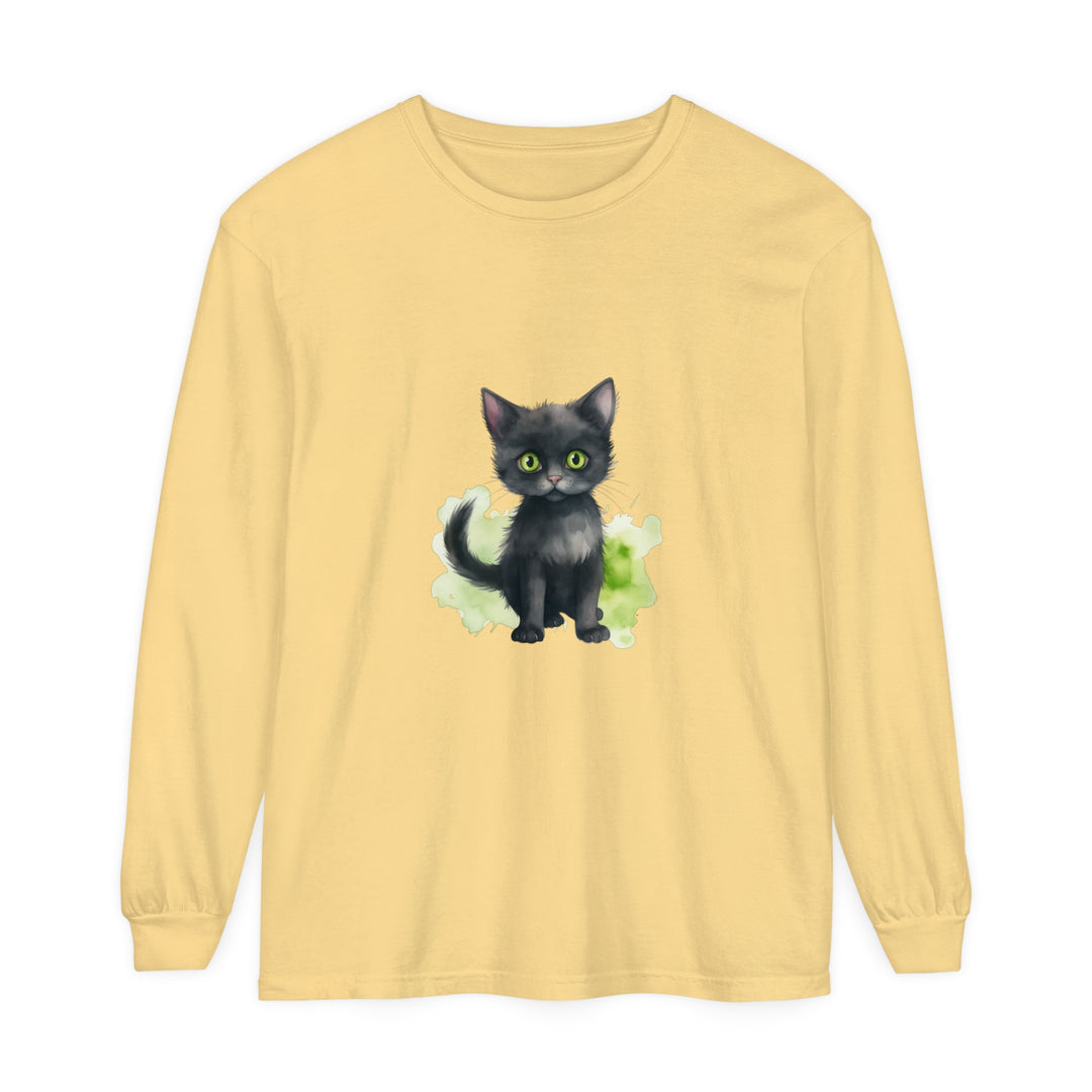 Black Cat Watercolor Long Sleeve T-Shirt featuring a vibrant feline design