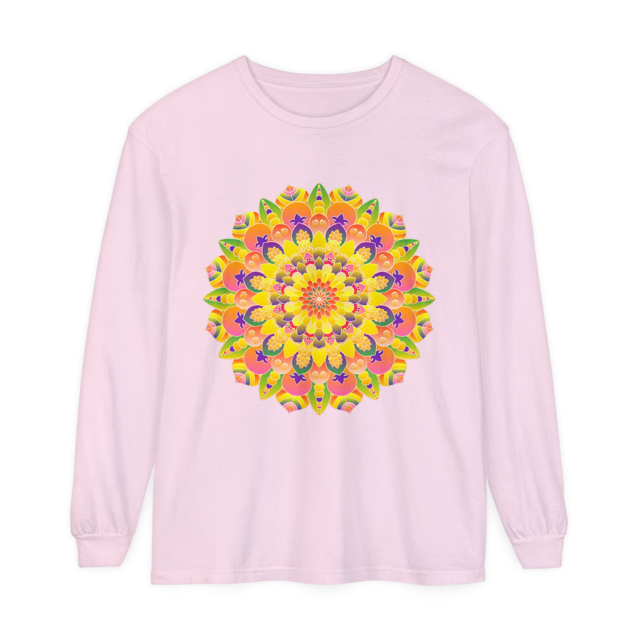 Colorful and intricate mandala design on unisex long sleeve t-shirt