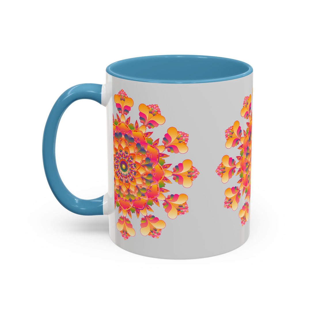 Mandala Art Mug with Colorful Flowers and Intricate Circles on White Background