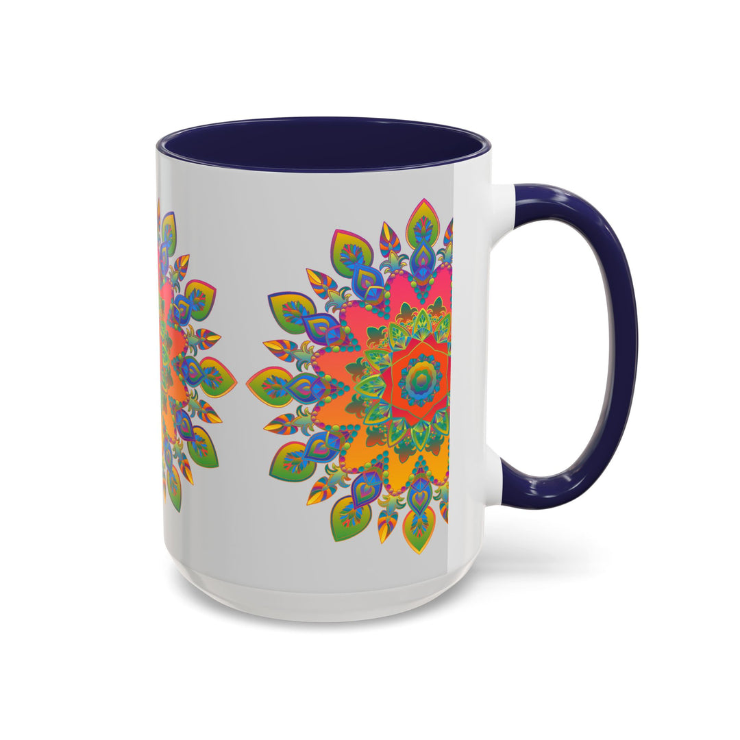 Colorful mandala mug featuring intricate and vibrant art on a grey background