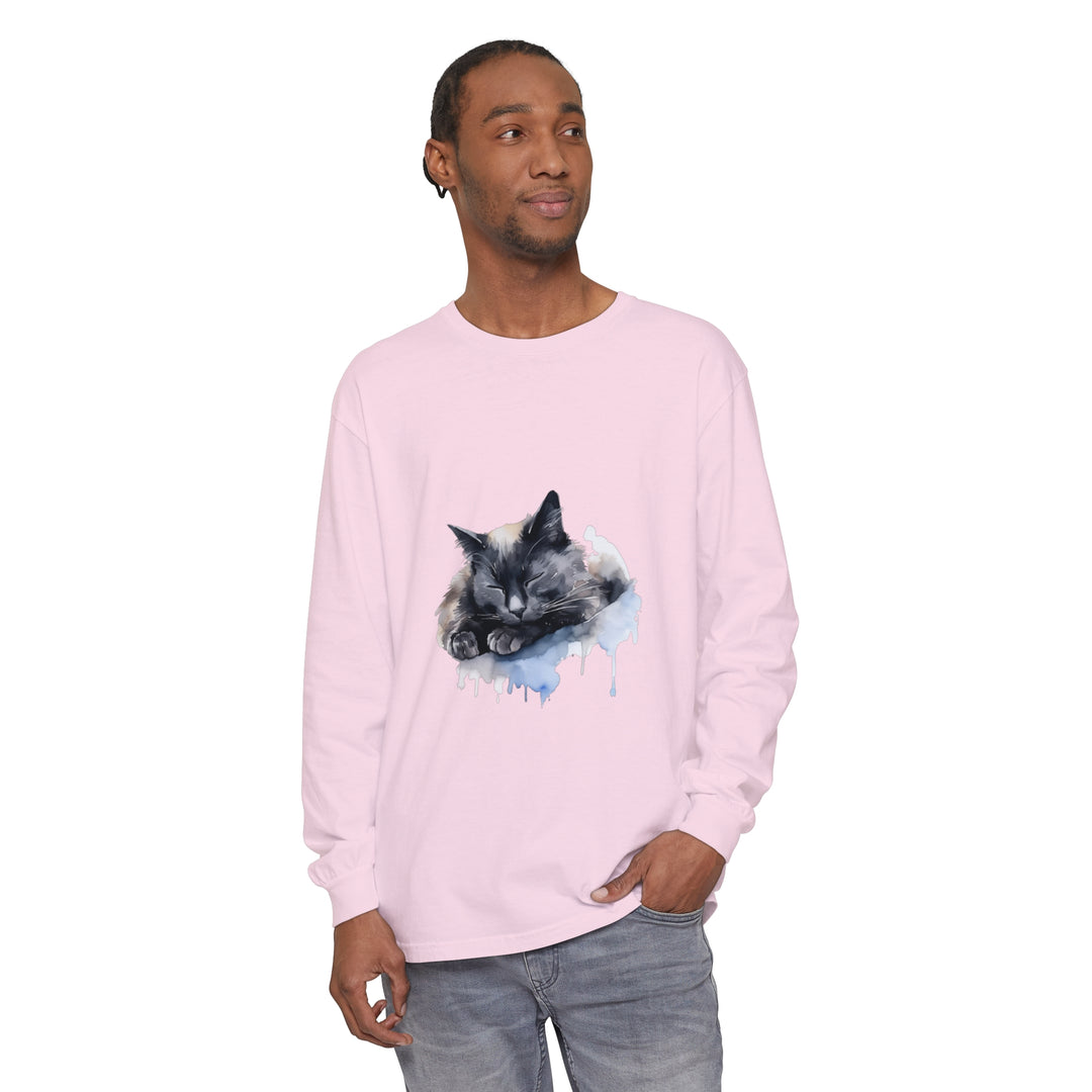 A watercolor painting of a peaceful sleeping cat on a t-shirt