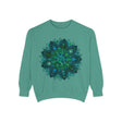 A detailed teal and blue mandala sweatshirt showcasing intricate and mesmerizing design patterns