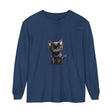 Adorable black kitten with striking yellow eyes printed on a long sleeve t-shirt
