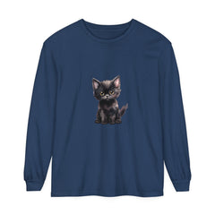 Adorable black kitten with striking yellow eyes printed on a long sleeve t-shirt