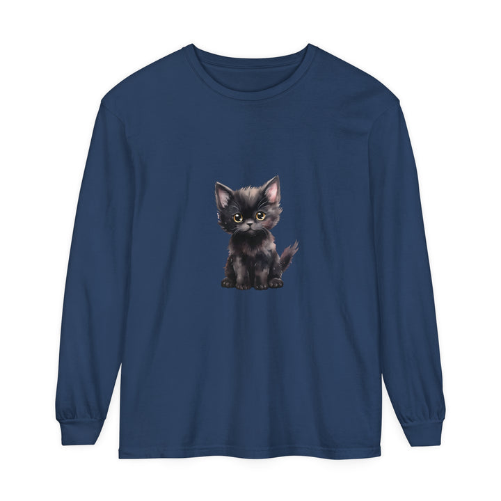 Adorable black kitten with striking yellow eyes printed on a long sleeve t-shirt