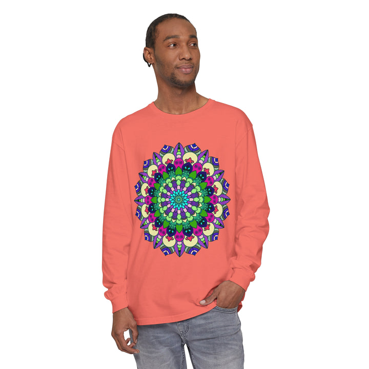 Colorful and intricate mandala design on a unisex long sleeve t-shirt