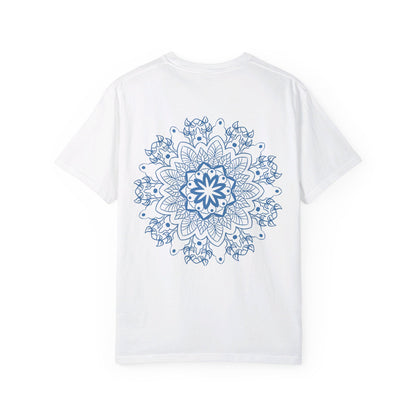 Handmade unisex Mandala T-shirt featuring a unique, garment-dyed design drawn by hand