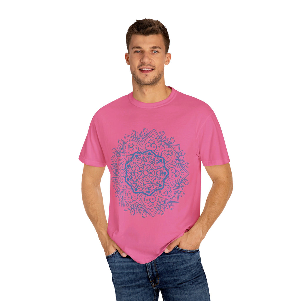 Handmade unisex Mandala T-shirt featuring a unique hand-drawn mandala design and garment-dyed for a one-of-a-kind look