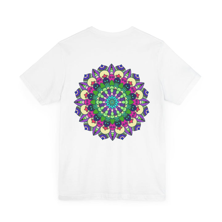 An intricate mandala design on a soft, comfortable t-shirt, promoting spiritual peace and harmony in vibrant colors