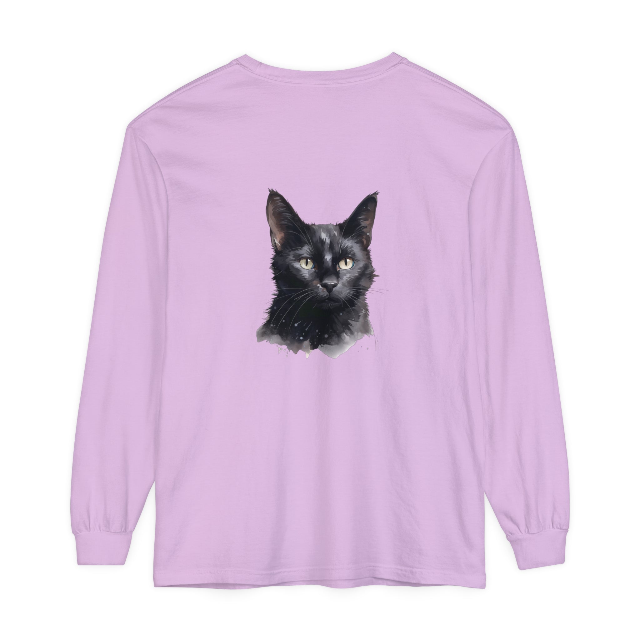 Black Cat Watercolor Unisex Long Sleeve T-Shirt, a stylish and comfortable shirt featuring a beautiful watercolor design of a black cat on a long sleeve t-shirt for both men and women