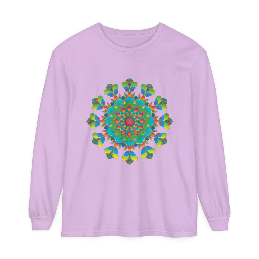 Hippie-inspired Psychedelic Mandala Tie Dye Long Sleeve T-Shirt on a white background