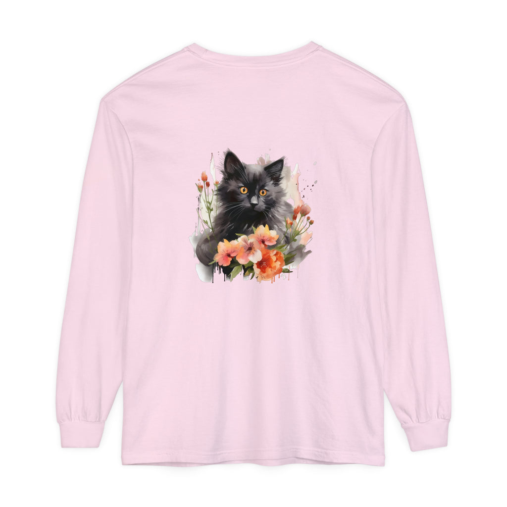 Beautiful watercolor t-shirt featuring a black cat surrounded by colorful flowers