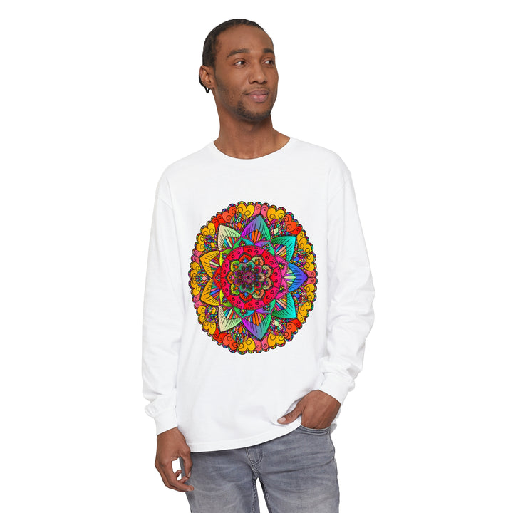 Colorful and intricate mandala design on a unisex long sleeve t-shirt