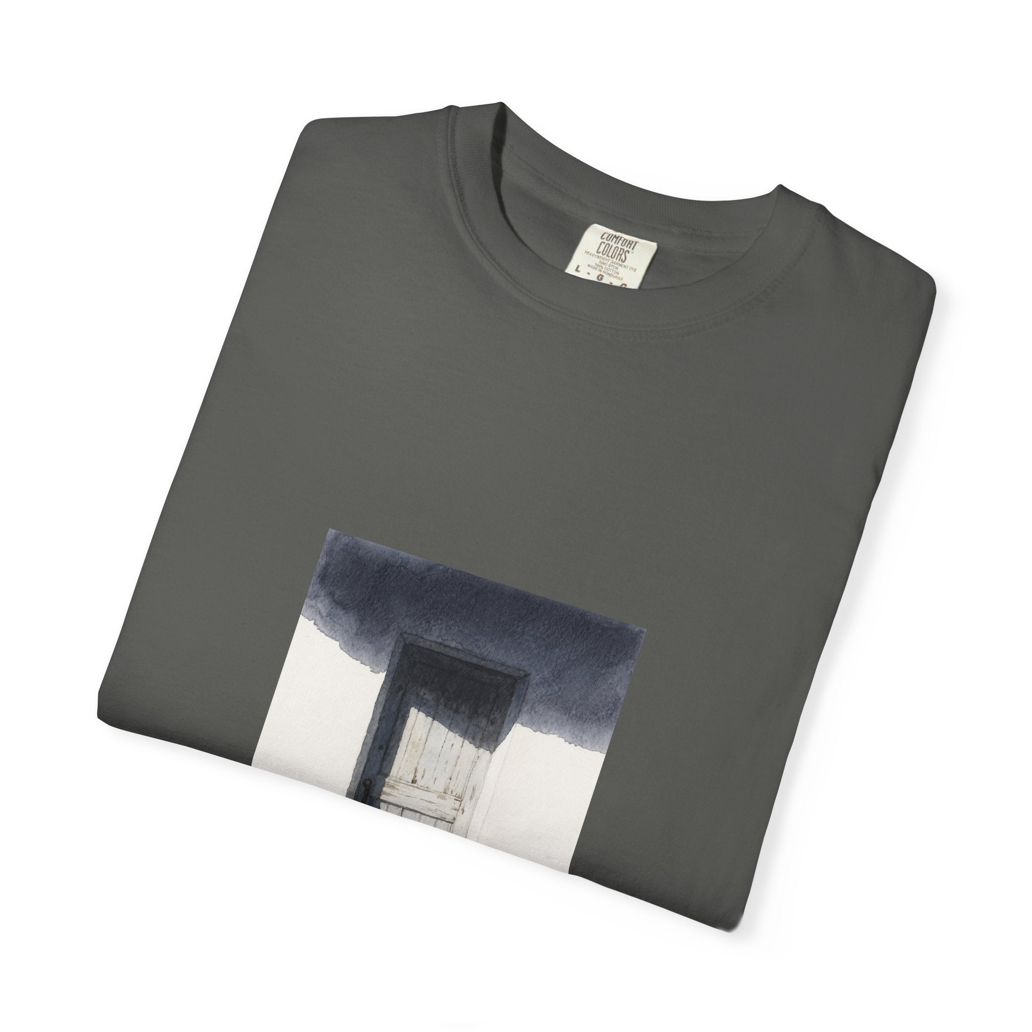 T-Shirt — Minimal Art Cat at Door Graphic Tee
