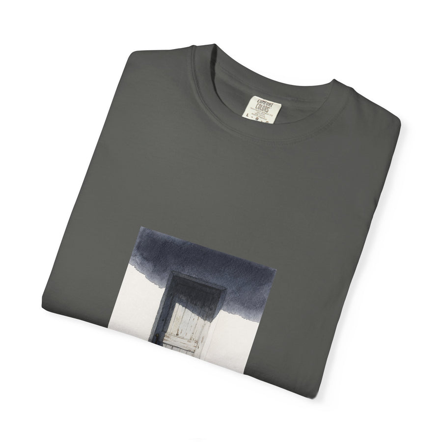 T-Shirt — Minimal Art Cat at Door Graphic Tee